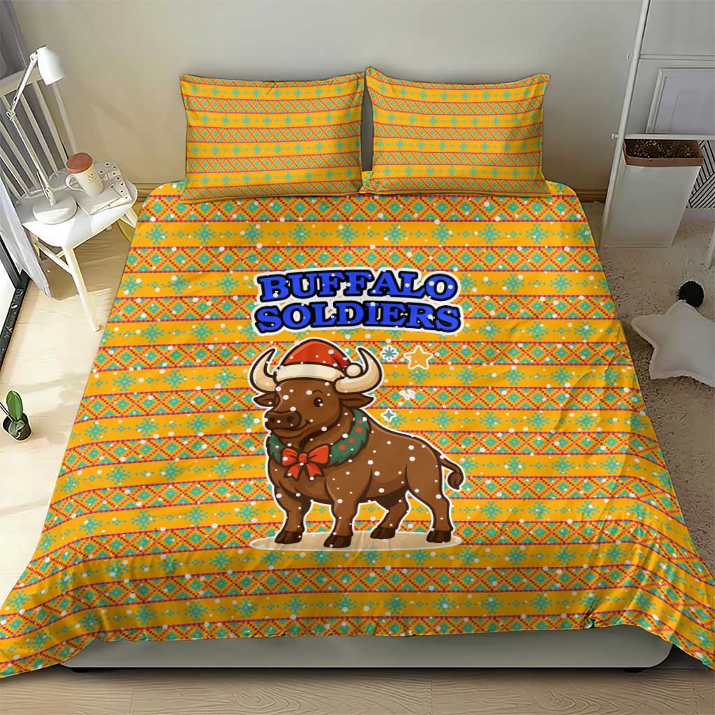 Buffalo Soldiers Christmas Bedding Set Yellow Cartoon Buffalo Santa Hat Design - African Pride