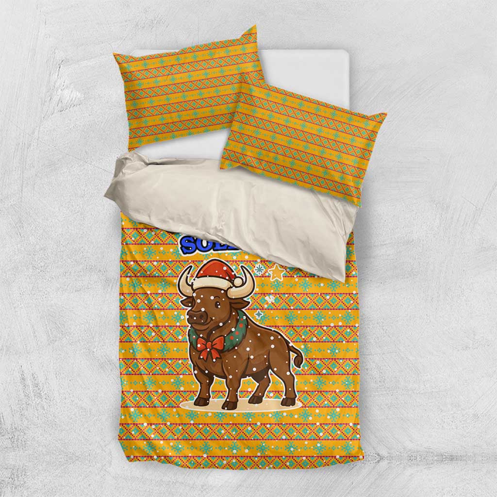 Buffalo Soldiers Christmas Bedding Set Yellow Cartoon Buffalo Santa Hat Design - African Pride