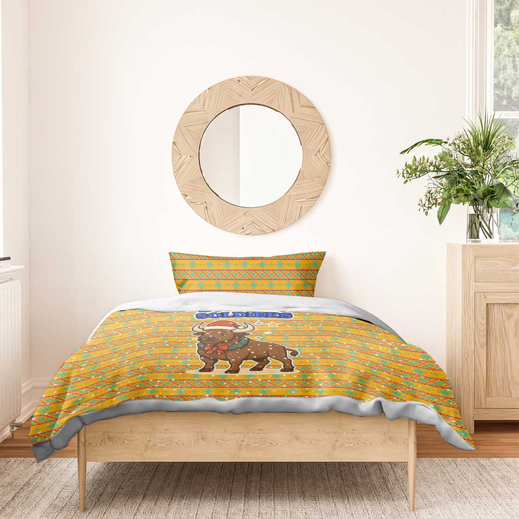 Buffalo Soldiers Christmas Bedding Set Yellow Cartoon Buffalo Santa Hat Design - African Pride