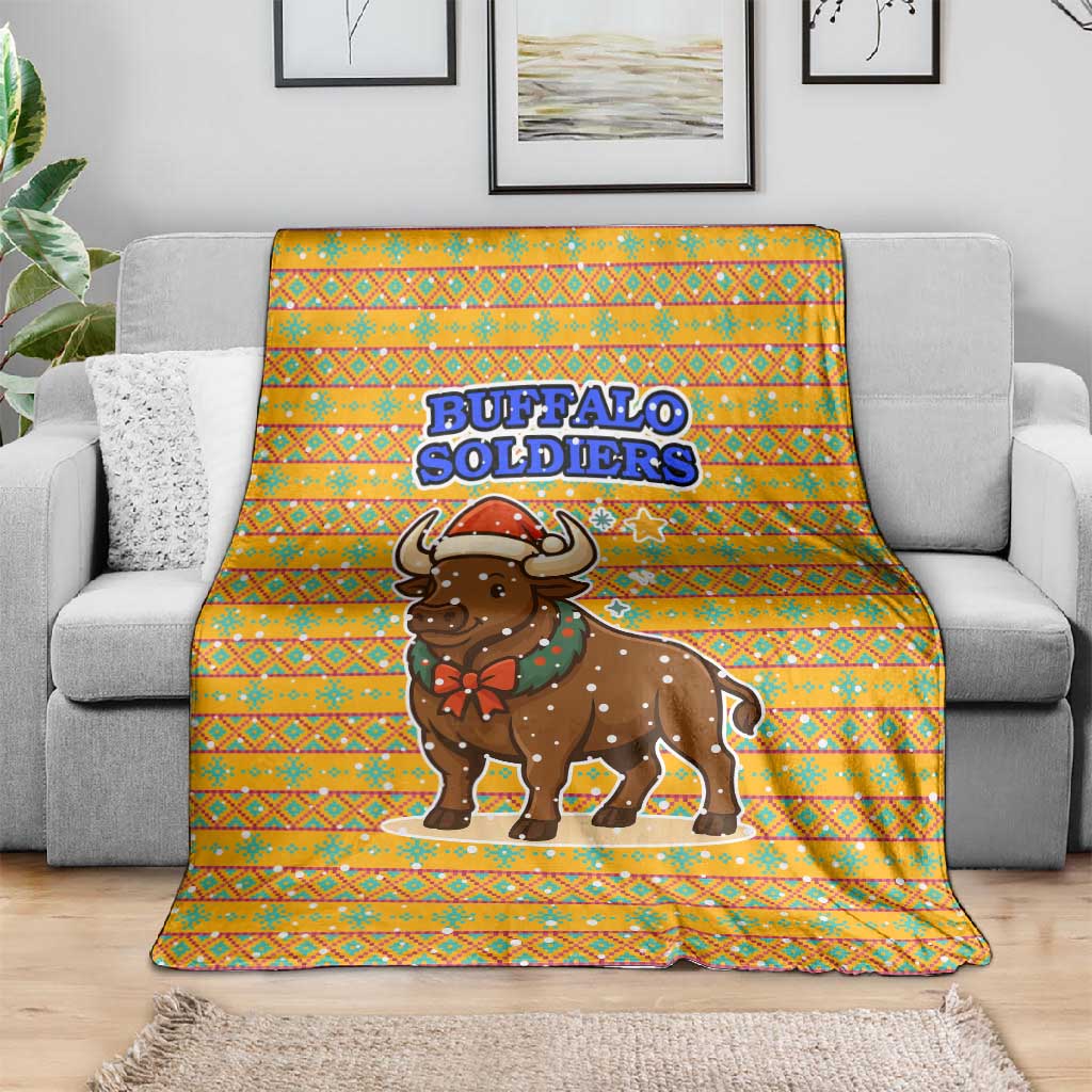Buffalo Soldiers Christmas Blanket Yellow Cartoon Buffalo Santa Hat Design - African Pride