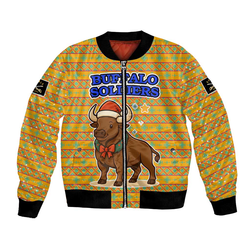 Buffalo Soldiers Christmas Bomber Jacket Yellow Cartoon Buffalo Santa Hat Design - African Pride