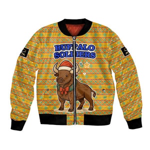 Buffalo Soldiers Christmas Bomber Jacket Yellow Cartoon Buffalo Santa Hat Design - African Pride