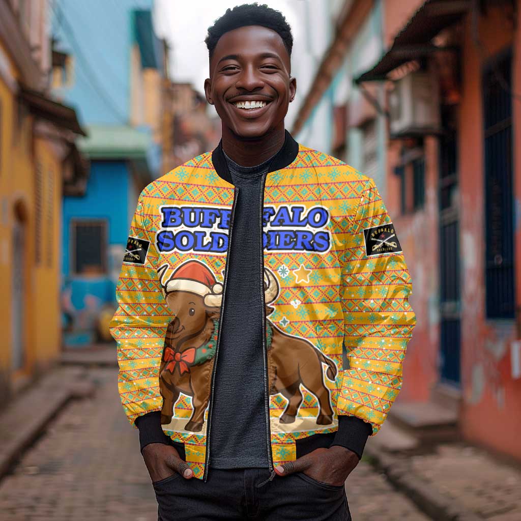 Buffalo Soldiers Christmas Bomber Jacket Yellow Cartoon Buffalo Santa Hat Design - African Pride