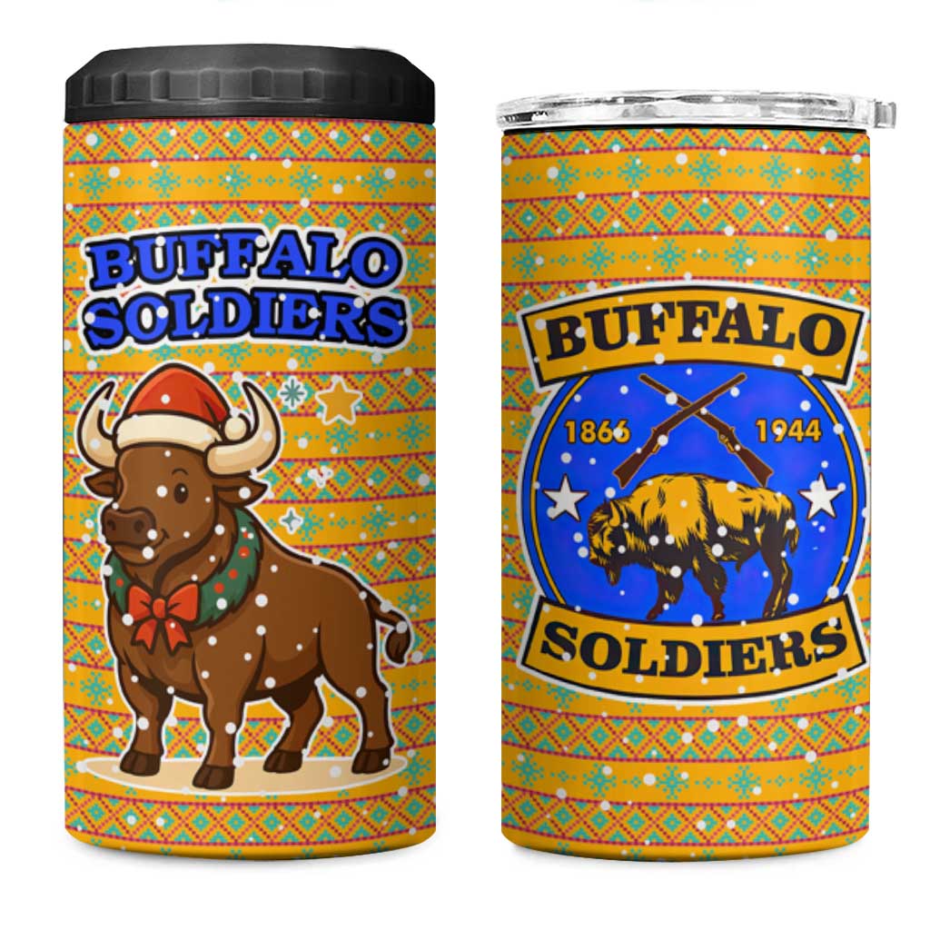 Buffalo Soldiers Christmas 4 in 1 Can Cooler Tumbler Yellow Cartoon Buffalo Santa Hat Design - African Pride
