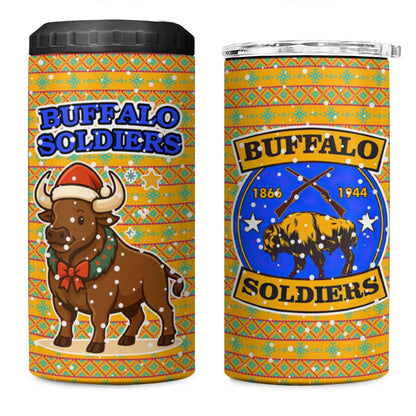 Buffalo Soldiers Christmas 4 in 1 Can Cooler Tumbler Yellow Cartoon Buffalo Santa Hat Design - African Pride
