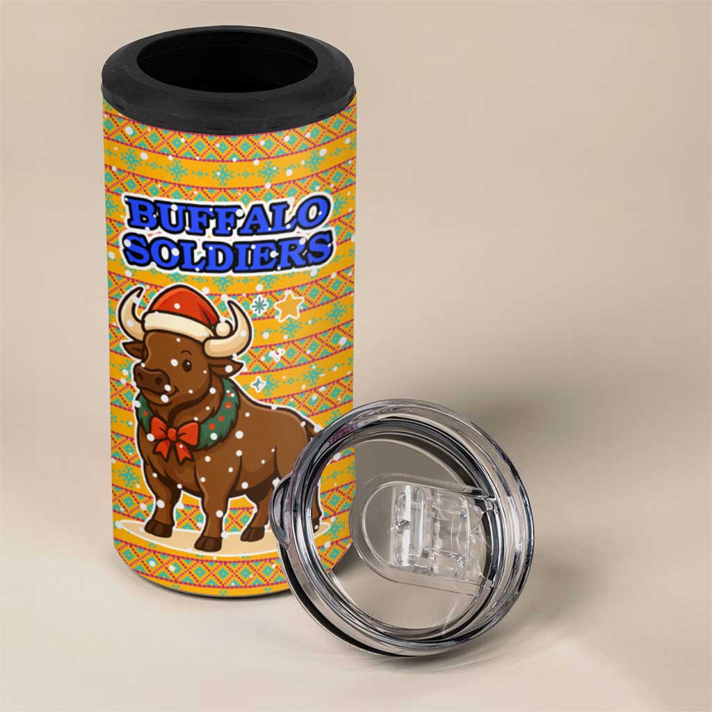 Buffalo Soldiers Christmas 4 in 1 Can Cooler Tumbler Yellow Cartoon Buffalo Santa Hat Design - African Pride