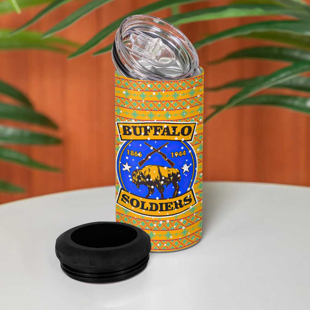 Buffalo Soldiers Christmas 4 in 1 Can Cooler Tumbler Yellow Cartoon Buffalo Santa Hat Design - African Pride