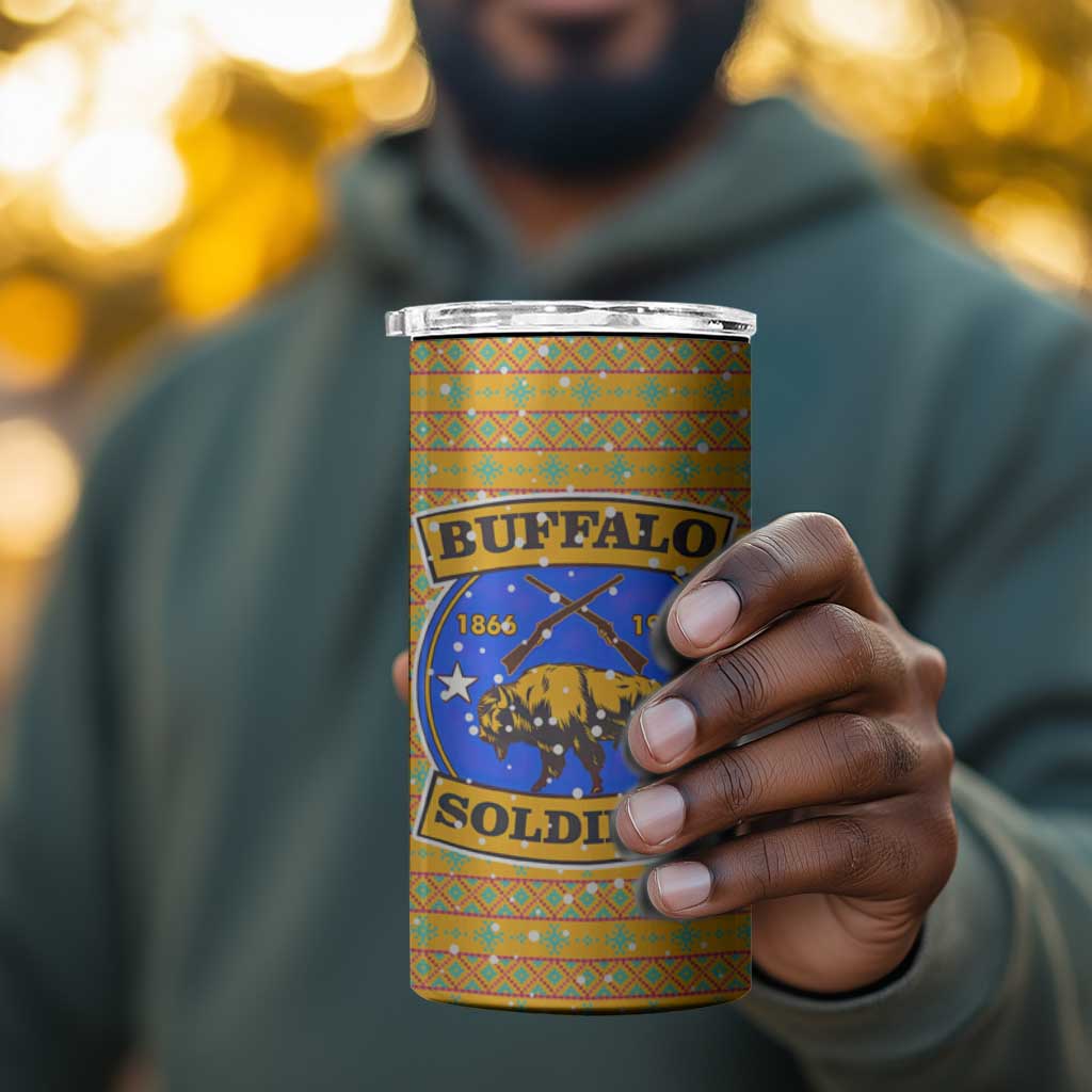 Buffalo Soldiers Christmas 4 in 1 Can Cooler Tumbler Yellow Cartoon Buffalo Santa Hat Design - African Pride