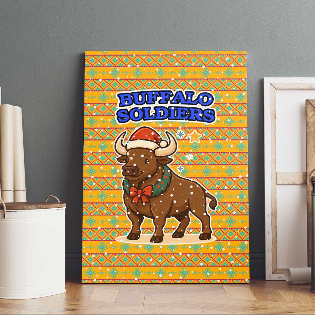 Buffalo Soldiers Christmas Canvas Wall Art Yellow Cartoon Buffalo Santa Hat Design - African Pride