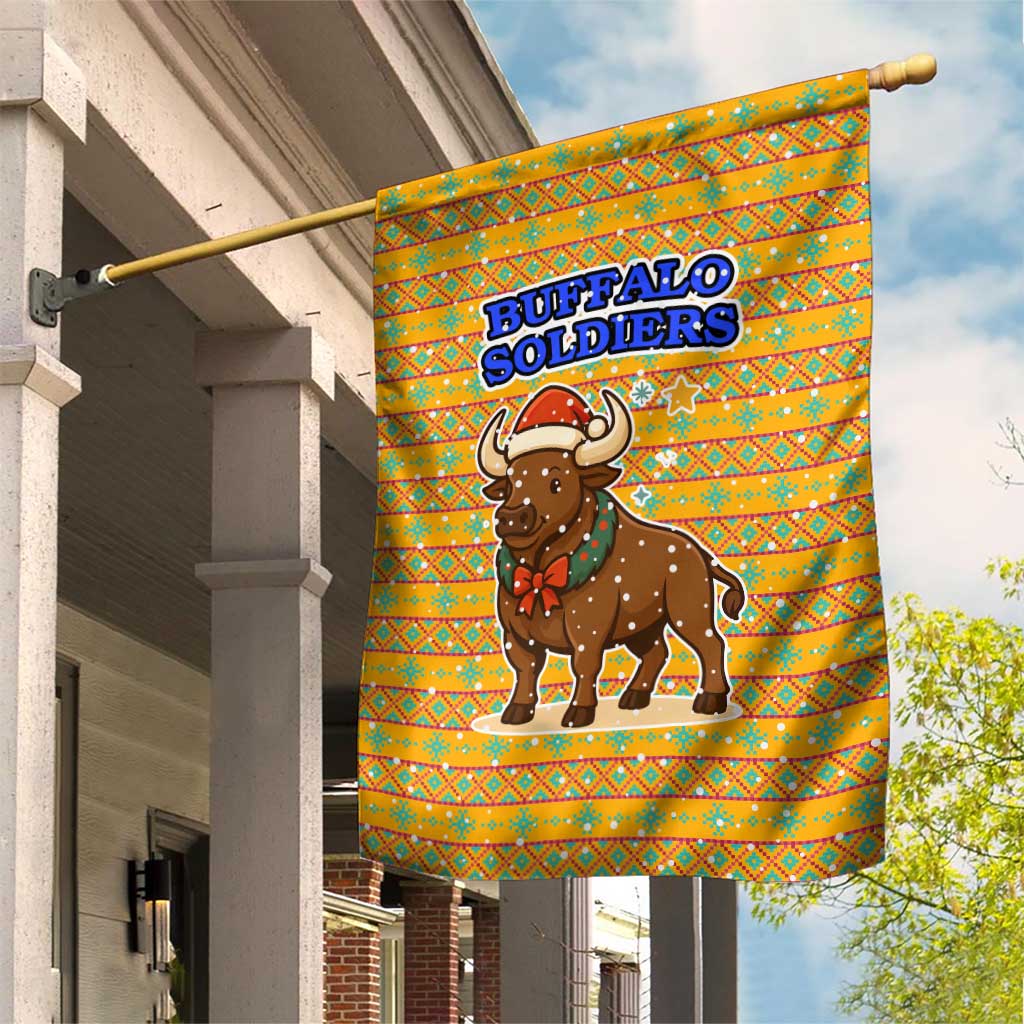 Buffalo Soldiers Christmas Garden Flag Yellow Cartoon Buffalo Santa Hat Design - African Pride
