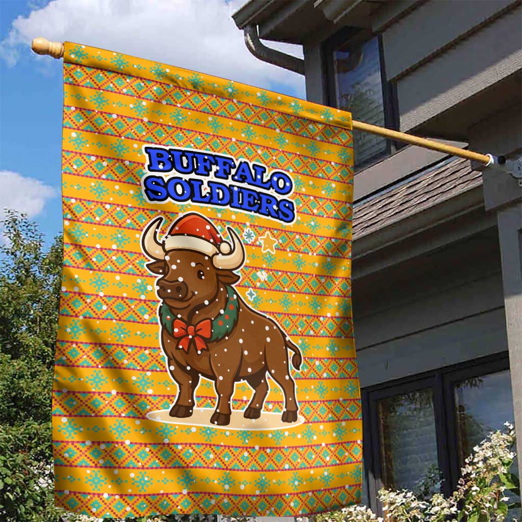 Buffalo Soldiers Christmas Garden Flag Yellow Cartoon Buffalo Santa Hat Design - African Pride