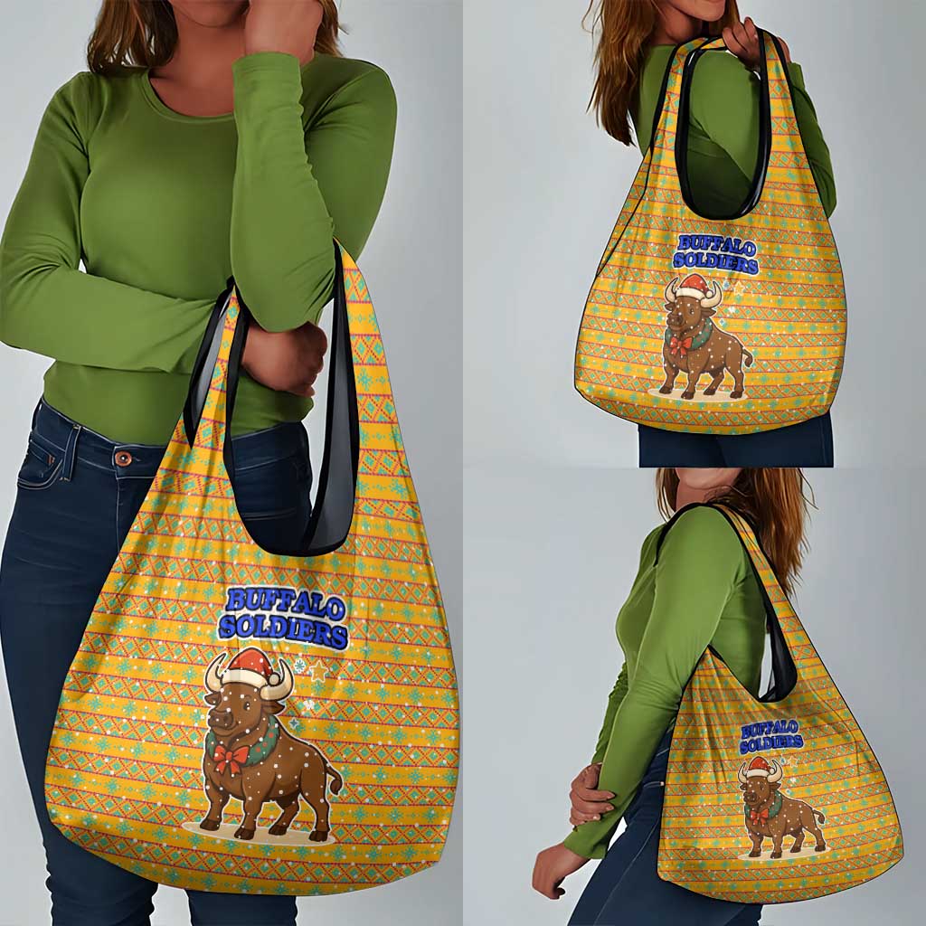 Buffalo Soldiers Christmas Grocery Bag Yellow Cartoon Buffalo Santa Hat Design - African Pride