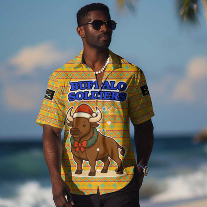 Buffalo Soldiers Christmas Hawaiian Shirt Yellow Cartoon Buffalo Santa Hat Design - African Pride