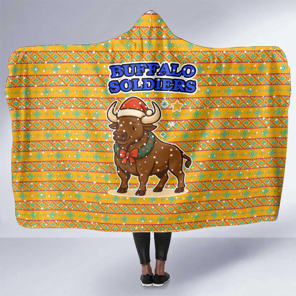 Buffalo Soldiers Christmas Hooded Blanket Yellow Cartoon Buffalo Santa Hat Design - African Pride