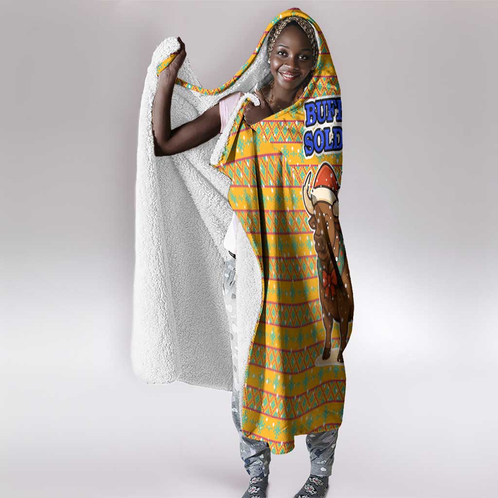 Buffalo Soldiers Christmas Hooded Blanket Yellow Cartoon Buffalo Santa Hat Design - African Pride