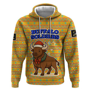 Buffalo Soldiers Christmas Hoodie Yellow Cartoon Buffalo Santa Hat Design - African Pride