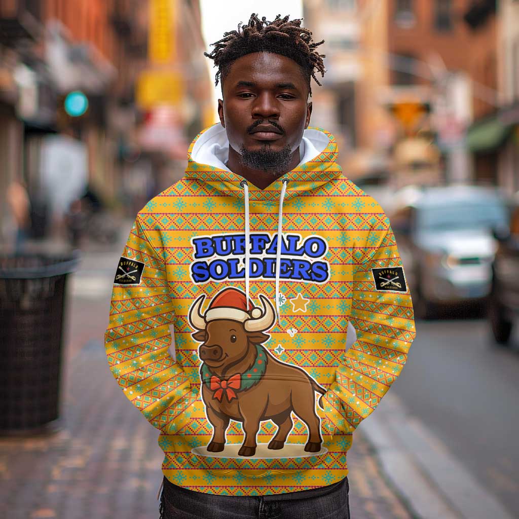 Buffalo Soldiers Christmas Hoodie Yellow Cartoon Buffalo Santa Hat Design - African Pride