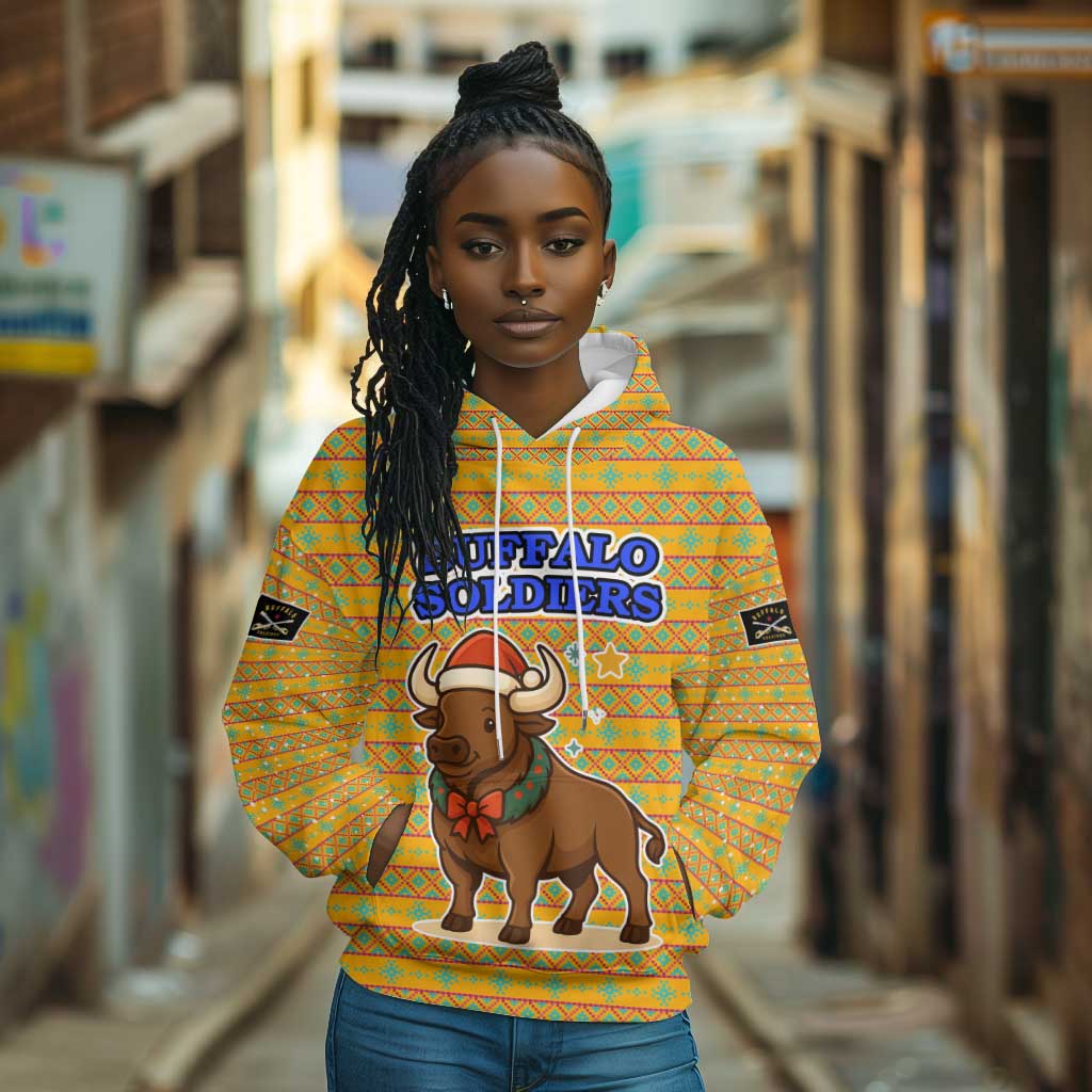 Buffalo Soldiers Christmas Hoodie Yellow Cartoon Buffalo Santa Hat Design - African Pride