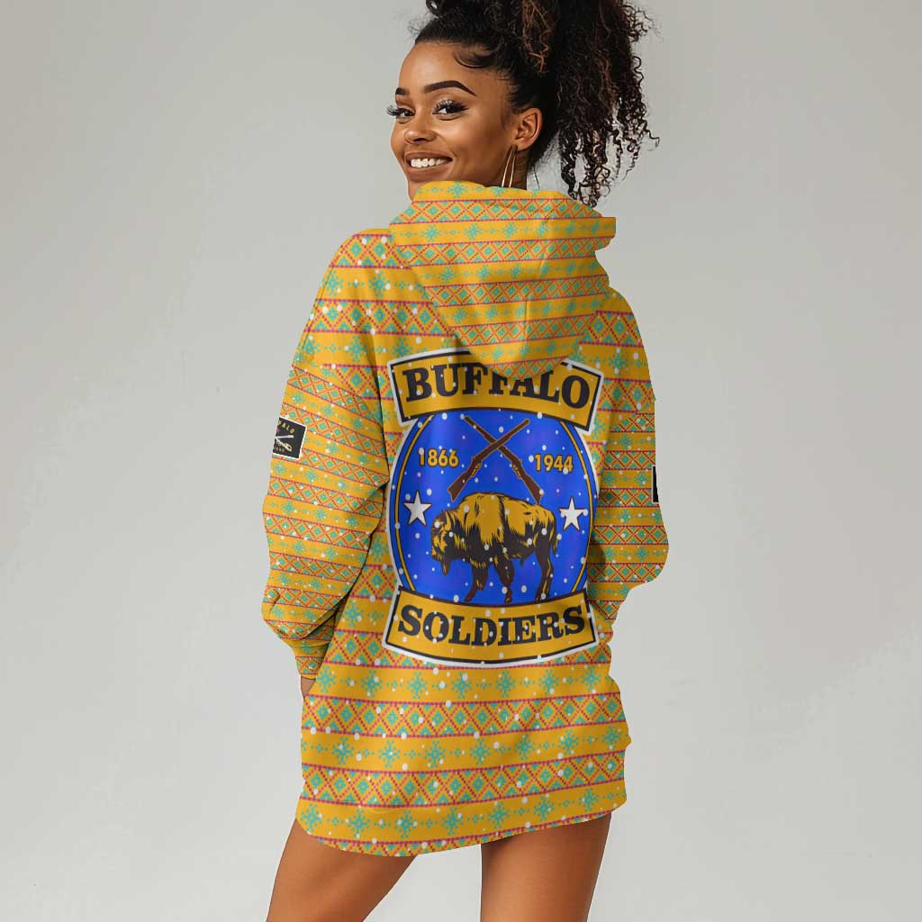 Buffalo Soldiers Christmas Hoodie Dress Yellow Cartoon Buffalo Santa Hat Design - African Pride