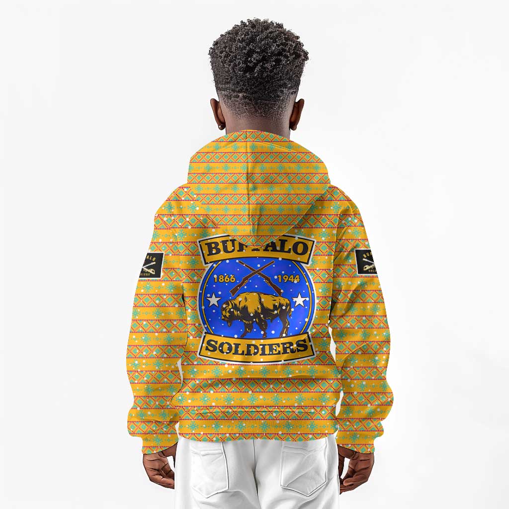 Buffalo Soldiers Christmas Kid Hoodie Yellow Cartoon Buffalo Santa Hat Design - African Pride