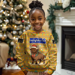 Buffalo Soldiers Christmas Kid Ugly Christmas Sweater Yellow Cartoon Buffalo Santa Hat Design - African Pride