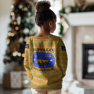 Buffalo Soldiers Christmas Kid Ugly Christmas Sweater Yellow Cartoon Buffalo Santa Hat Design - African Pride