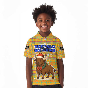 Buffalo Soldiers Christmas Kid Polo Shirt Yellow Cartoon Buffalo Santa Hat Design - African Pride