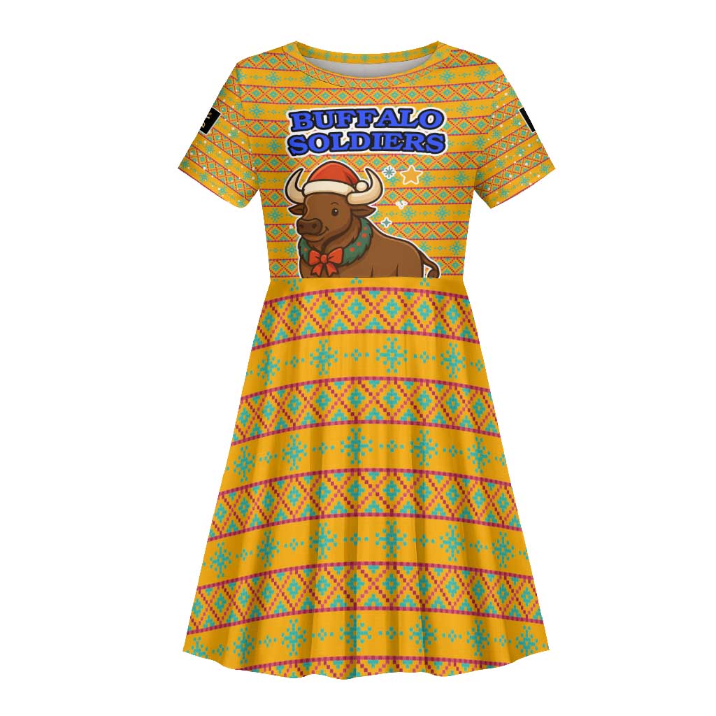 Buffalo Soldiers Christmas Kid Short Sleeve Dress Yellow Cartoon Buffalo Santa Hat Design - African Pride