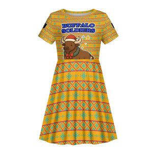 Buffalo Soldiers Christmas Kid Short Sleeve Dress Yellow Cartoon Buffalo Santa Hat Design - African Pride