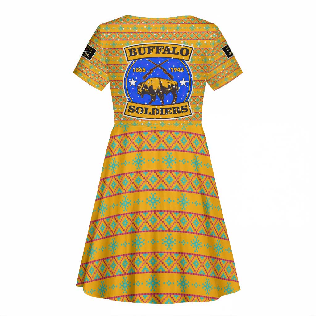 Buffalo Soldiers Christmas Kid Short Sleeve Dress Yellow Cartoon Buffalo Santa Hat Design - African Pride