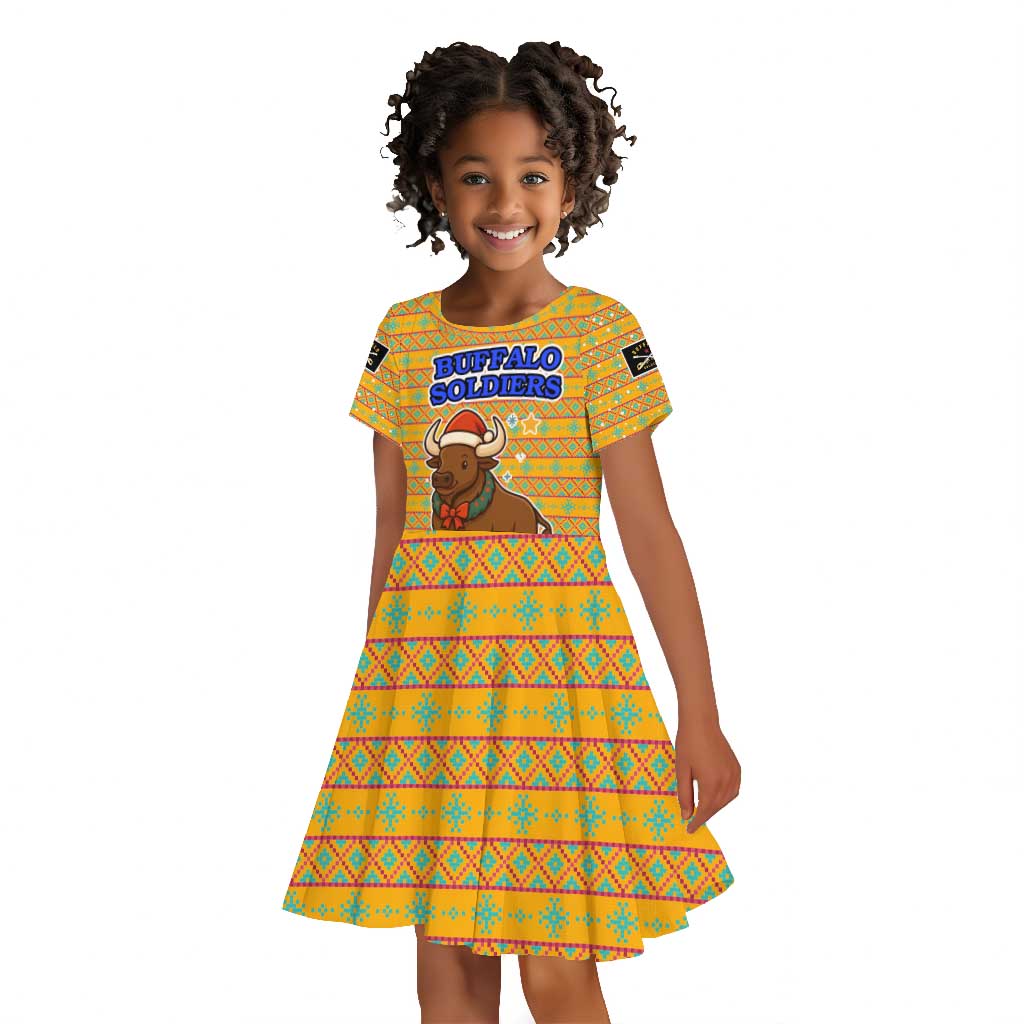 Buffalo Soldiers Christmas Kid Short Sleeve Dress Yellow Cartoon Buffalo Santa Hat Design - African Pride