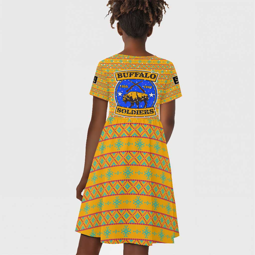 Buffalo Soldiers Christmas Kid Short Sleeve Dress Yellow Cartoon Buffalo Santa Hat Design - African Pride