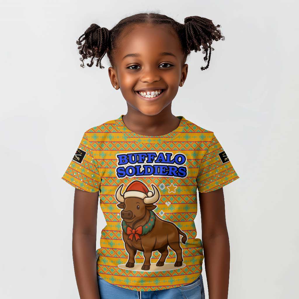 Buffalo Soldiers Christmas Kid T shirt Yellow Cartoon Buffalo Santa Hat Design - African Pride