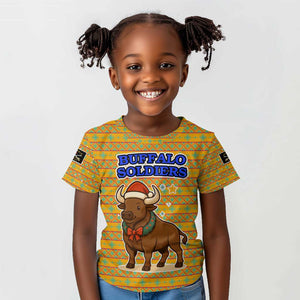Buffalo Soldiers Christmas Kid T shirt Yellow Cartoon Buffalo Santa Hat Design - African Pride