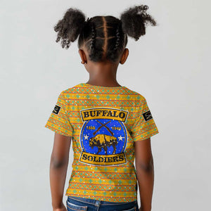 Buffalo Soldiers Christmas Kid T shirt Yellow Cartoon Buffalo Santa Hat Design - African Pride