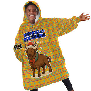 Buffalo Soldiers Christmas Kid Wearable Blanket Hoodie Yellow Cartoon Buffalo Santa Hat Design - African Pride