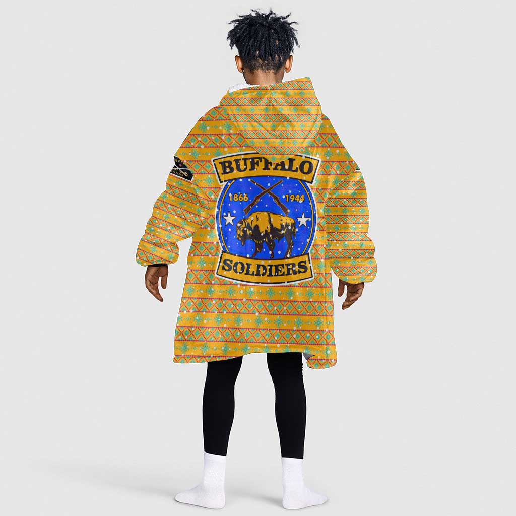 Buffalo Soldiers Christmas Kid Wearable Blanket Hoodie Yellow Cartoon Buffalo Santa Hat Design - African Pride