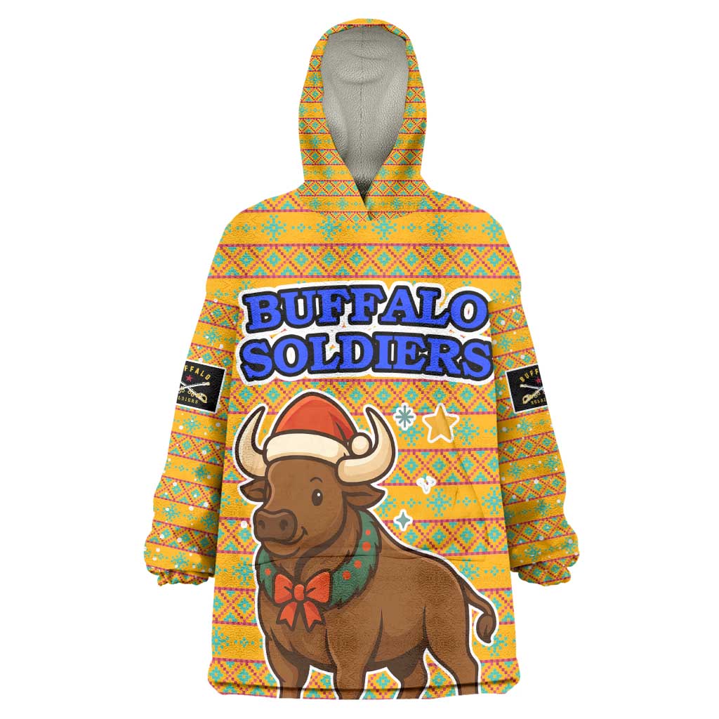 Buffalo Soldiers Christmas Kid Wearable Blanket Hoodie Yellow Cartoon Buffalo Santa Hat Design - African Pride