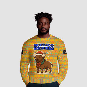 Buffalo Soldiers Christmas Ugly Christmas Sweater Yellow Cartoon Buffalo Santa Hat Design - African Pride