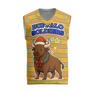 Buffalo Soldiers Christmas Knitted V-Neck Vest Yellow Cartoon Buffalo Santa Hat Design - African Pride