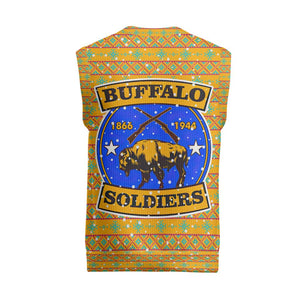Buffalo Soldiers Christmas Knitted V-Neck Vest Yellow Cartoon Buffalo Santa Hat Design - African Pride