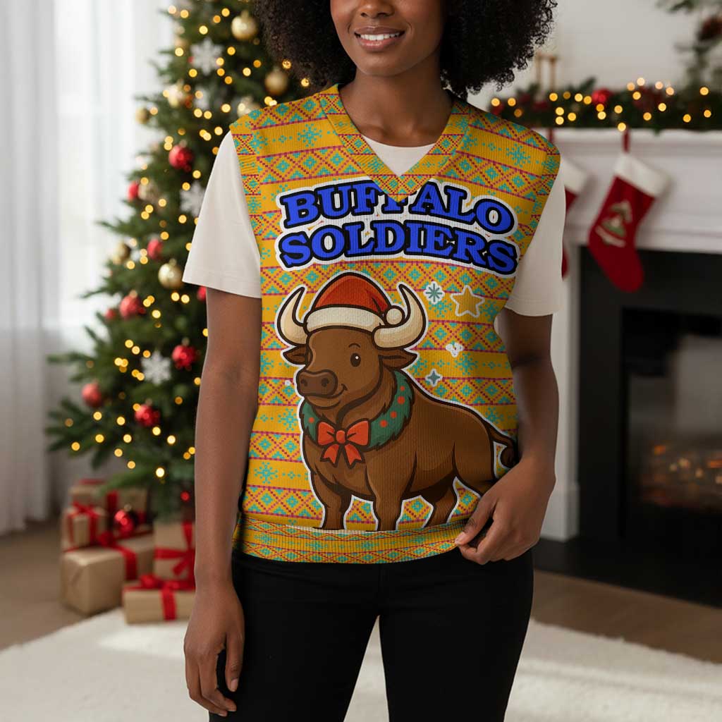 Buffalo Soldiers Christmas Knitted V-Neck Vest Yellow Cartoon Buffalo Santa Hat Design - African Pride