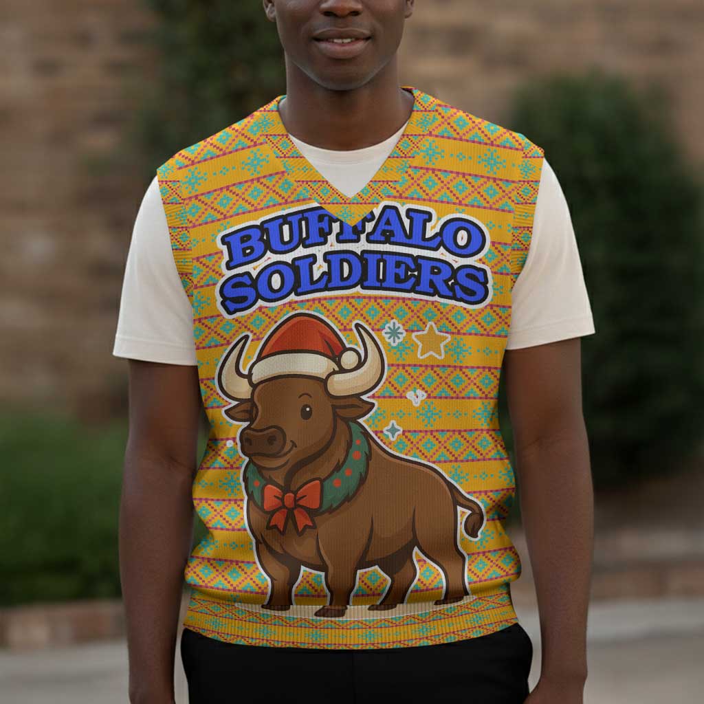 Buffalo Soldiers Christmas Knitted V-Neck Vest Yellow Cartoon Buffalo Santa Hat Design - African Pride