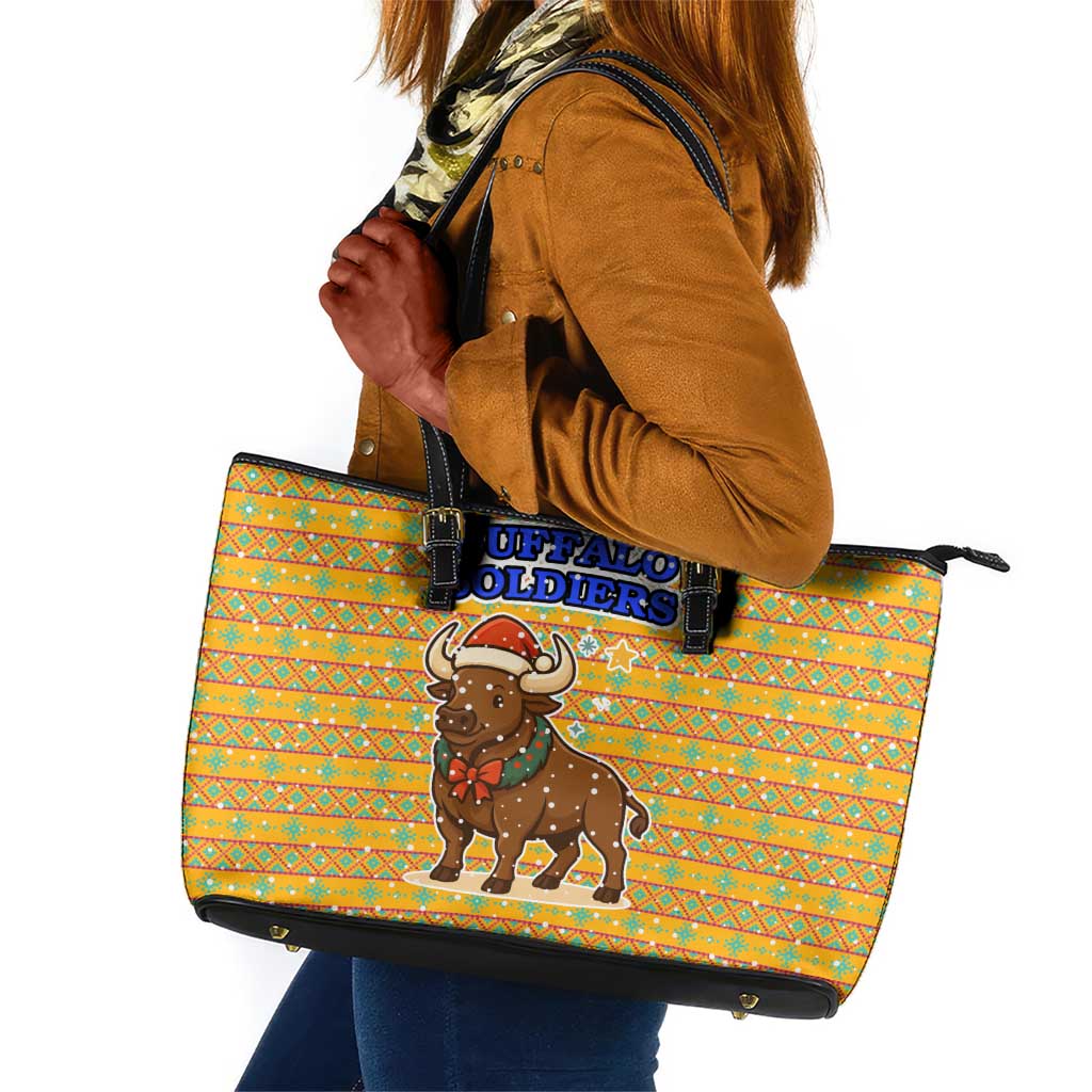 Buffalo Soldiers Christmas Leather Tote Bag Yellow Cartoon Buffalo Santa Hat Design - African Pride