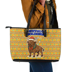 Buffalo Soldiers Christmas Leather Tote Bag Yellow Cartoon Buffalo Santa Hat Design - African Pride