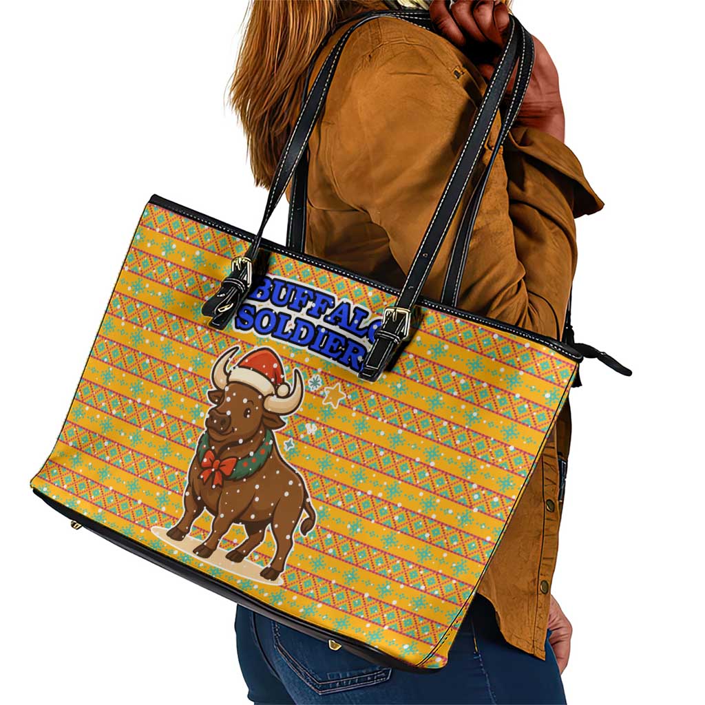 Buffalo Soldiers Christmas Leather Tote Bag Yellow Cartoon Buffalo Santa Hat Design - African Pride