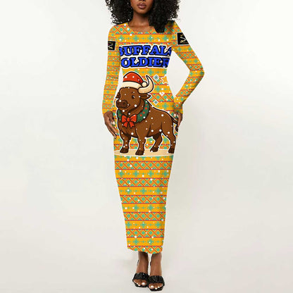 Buffalo Soldiers Christmas Long Sleeve Bodycon Dress Yellow Cartoon Buffalo Santa Hat Design - African Pride