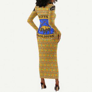 Buffalo Soldiers Christmas Long Sleeve Bodycon Dress Yellow Cartoon Buffalo Santa Hat Design - African Pride
