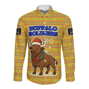 Buffalo Soldiers Christmas Long Sleeve Button Shirt Yellow Cartoon Buffalo Santa Hat Design - African Pride