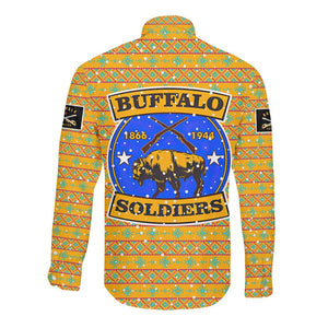 Buffalo Soldiers Christmas Long Sleeve Button Shirt Yellow Cartoon Buffalo Santa Hat Design - African Pride